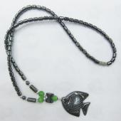 Blue Cat's Eye Opal Hematite Fish Pendant Healing Necklace